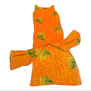 90s Bright orange neon green dolphins rayon dress